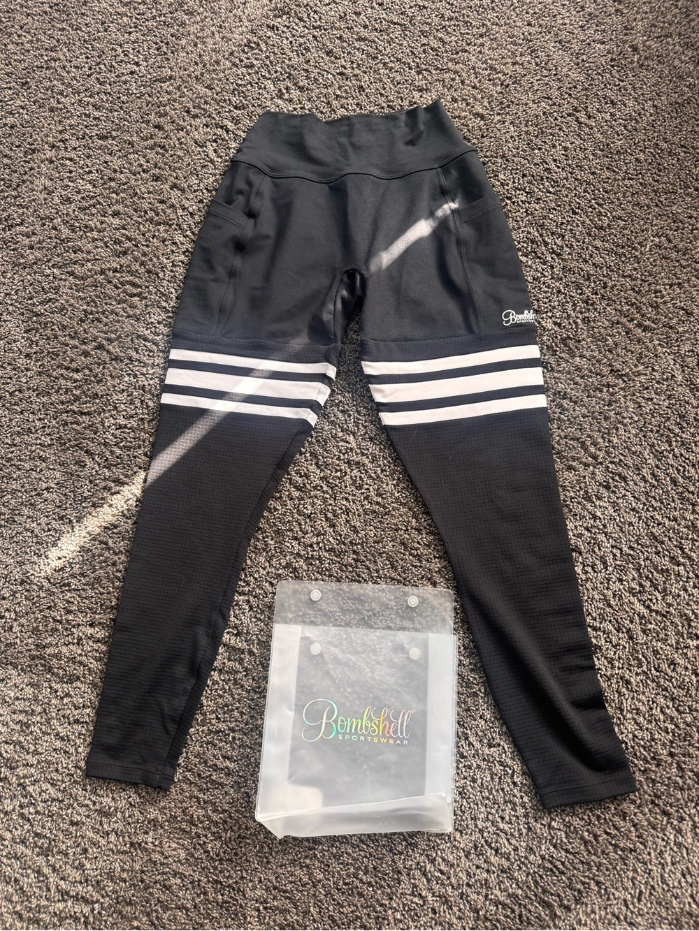 Bombshell Sportswear Black Leggings with White Stripes